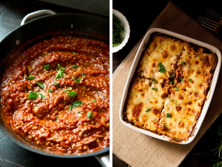 A close up of lentil ragu in a pan and made into a lasagna