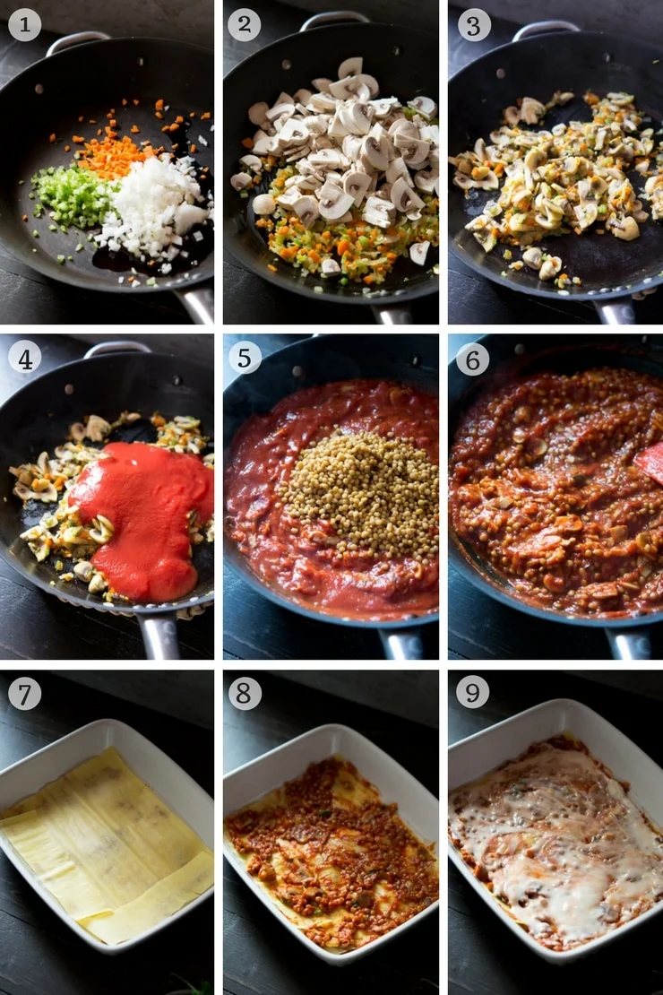 Step by step photos on how to make lentil ragu lasagne