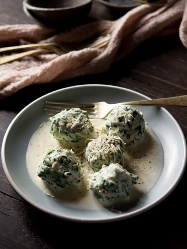 broccoli rabe and ricotta gnudi with parmesan cream