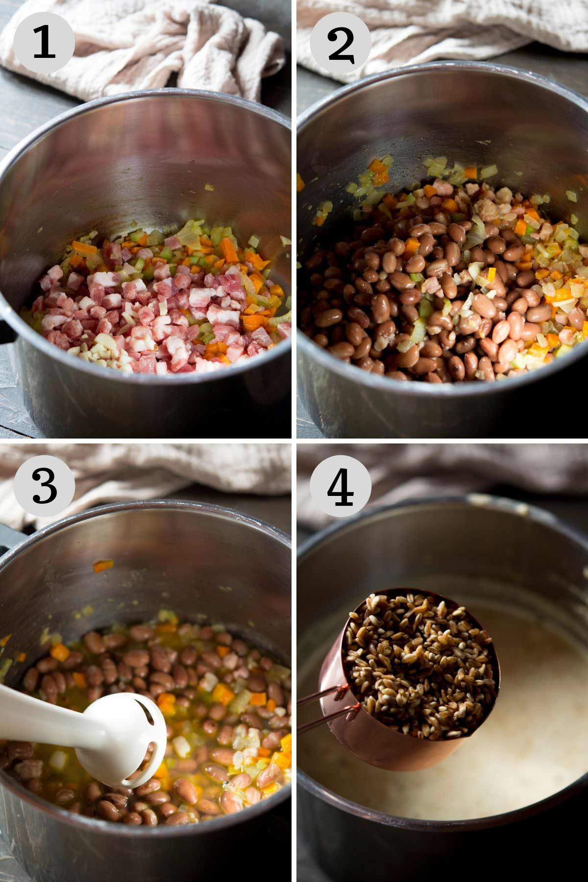 Step by step photos showing how to make Tuscan farro soup