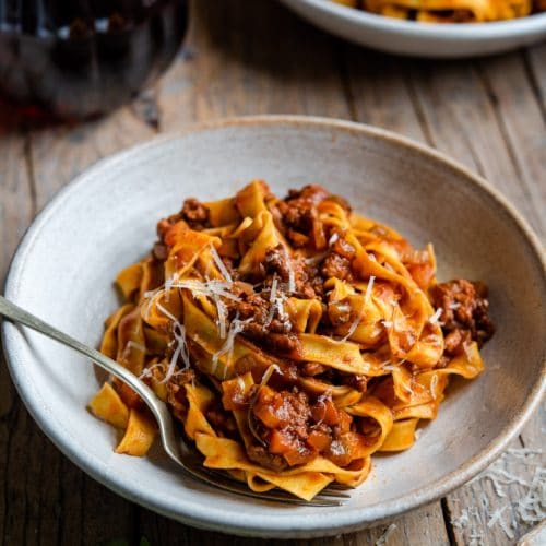 Close up of an Italian beef ragu in a bowl