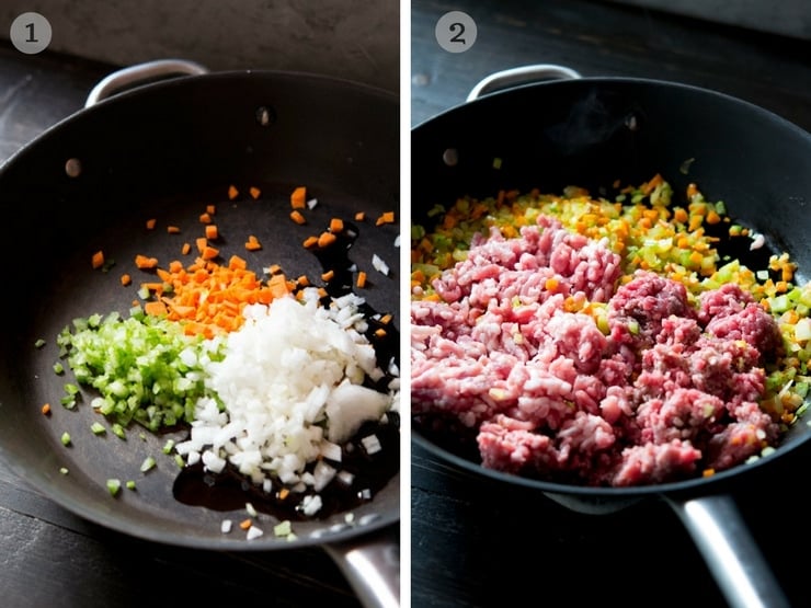 Step by step photos showing how to make soffritto for Italian beef ragu