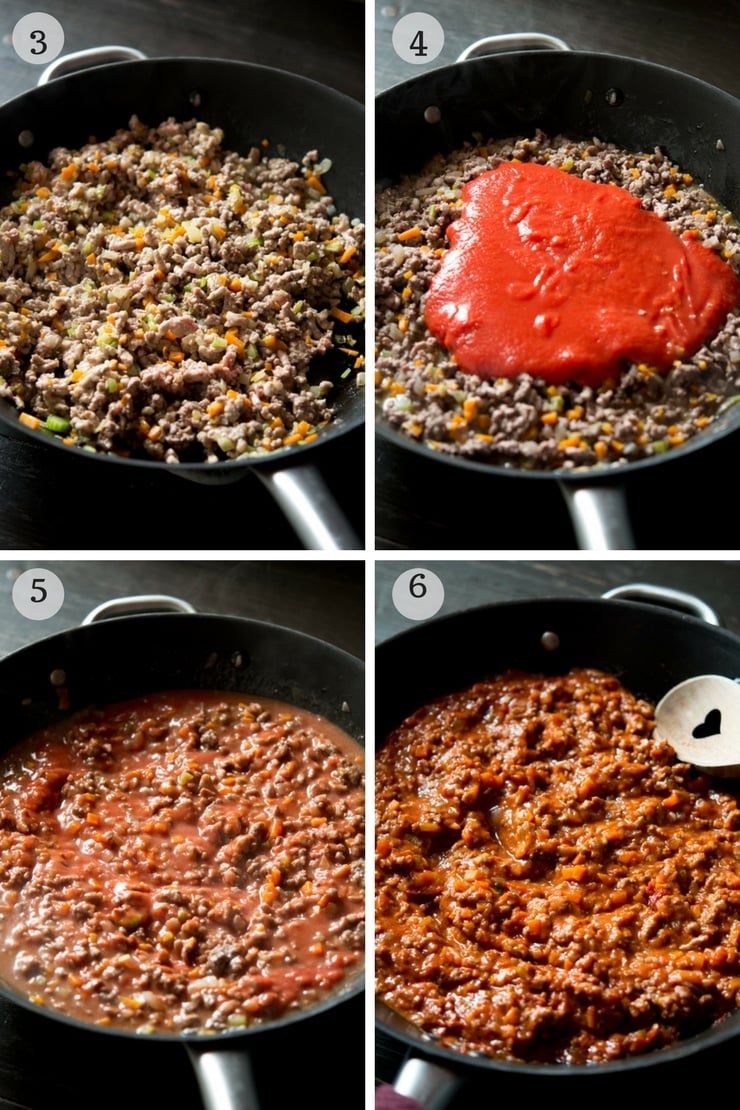 Step by step photos showing how to make Italian beef ragu