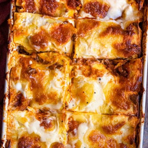 Overhead shot of lasagne al forno in a baking dish