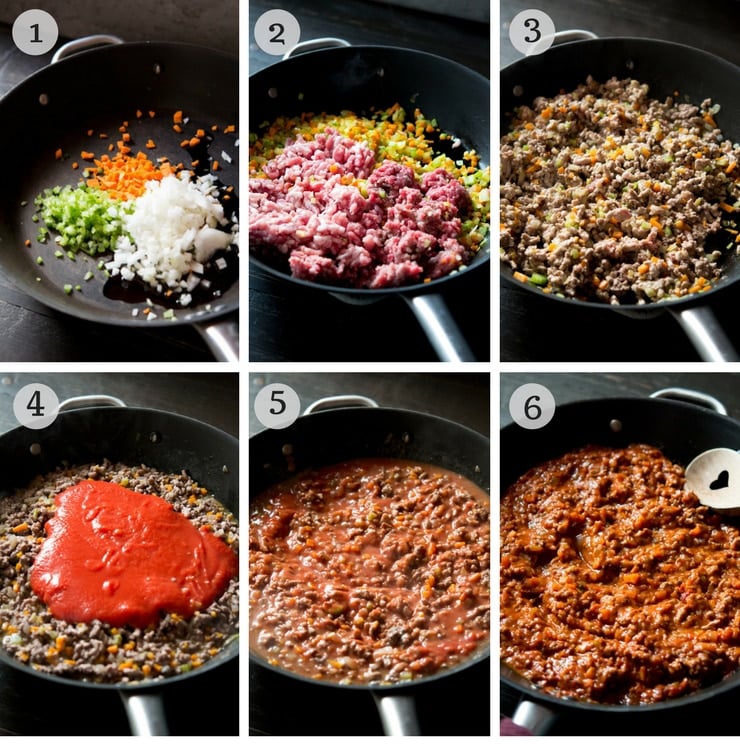 Step by step instructions for how to make beef and sausage ragu wth baked polenta