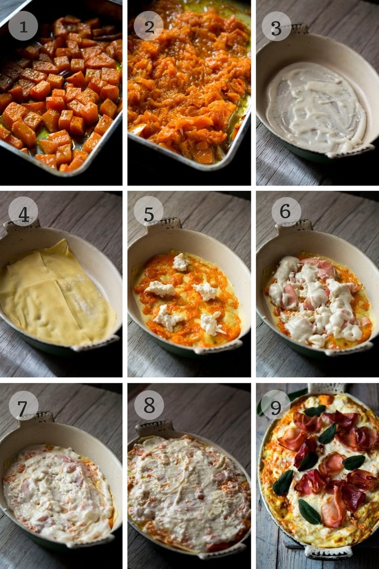 Step by step photos for making butternut squash lasagna with bechamel sauce, sage and prosciutto