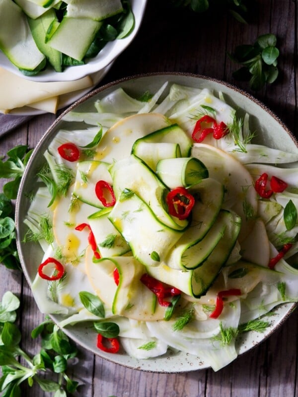 courgette salad with fennel and chilli on a large plate