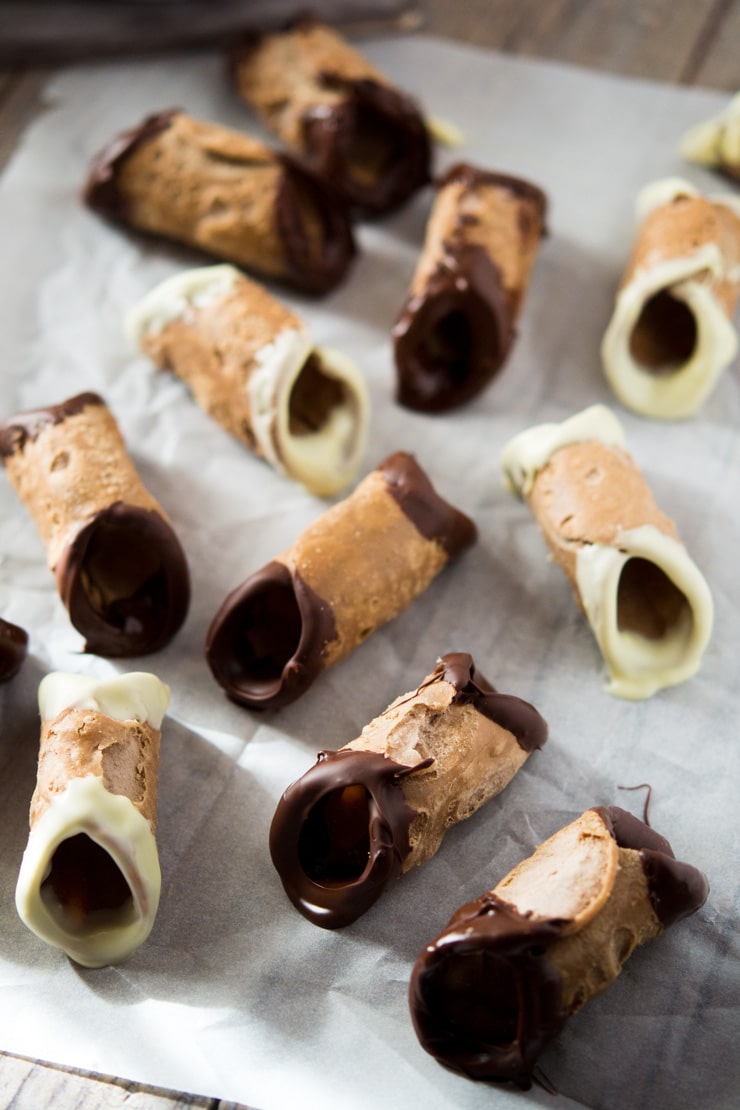 Mini cannoli shells dipped in chocolate