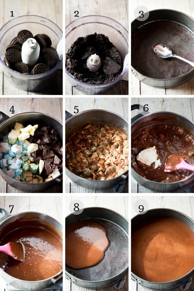 Step by step photos for making a no bake chocolate cheese cake with an oreo cookie base