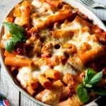 A close up image of a sausage pasta bake