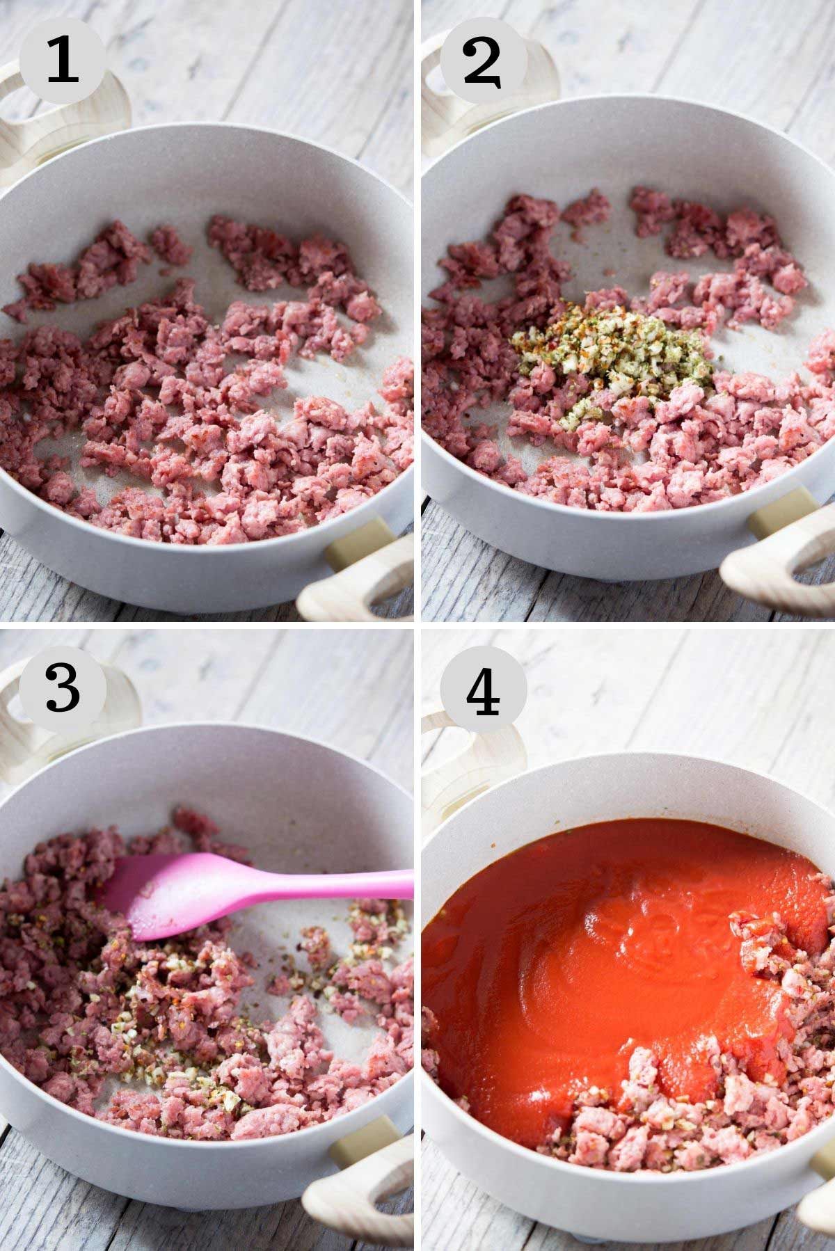 Step by step photos showing how to prepare the sauce for a sausage pasta bake
