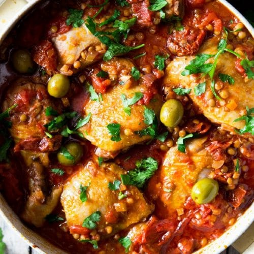 OnePot Chicken with Olives, Tomatoes And Lentils Inside The Rustic