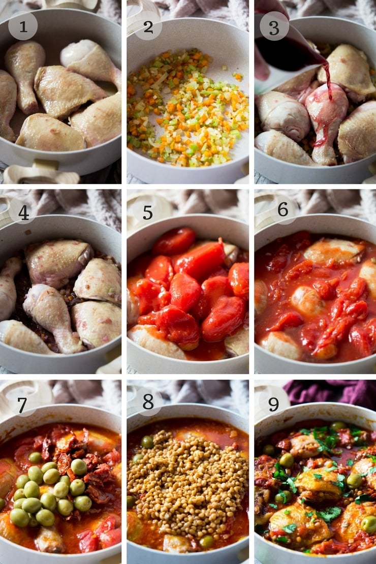 Step by step photos for making braised chicken with olives, tomatoes and lentils