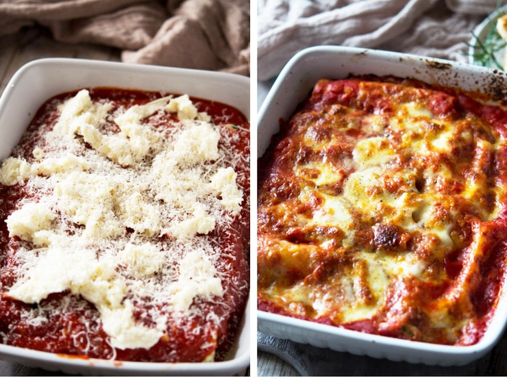 spinach and ricotta cannelloni topped with mozzarella before and after being baked in the oven