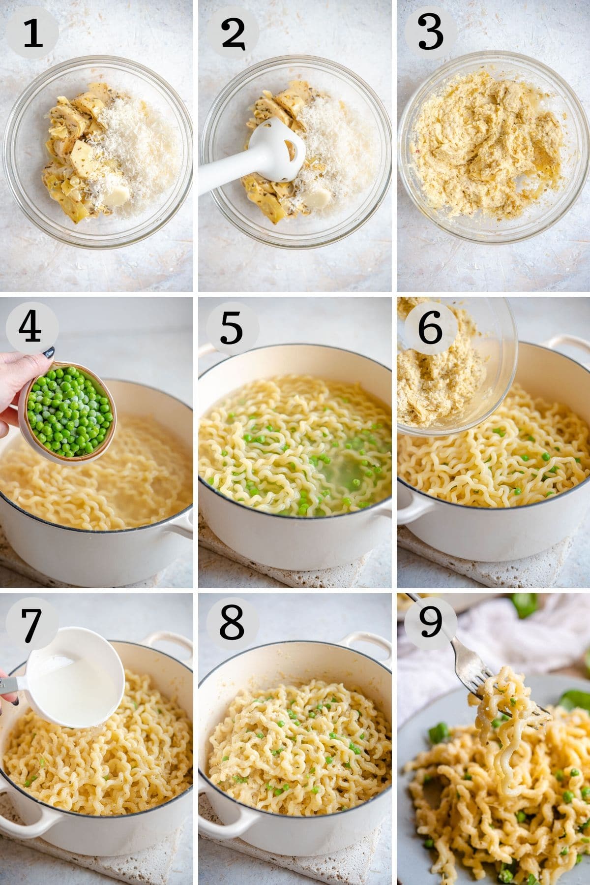 Step by step photos for making artichoke pasta