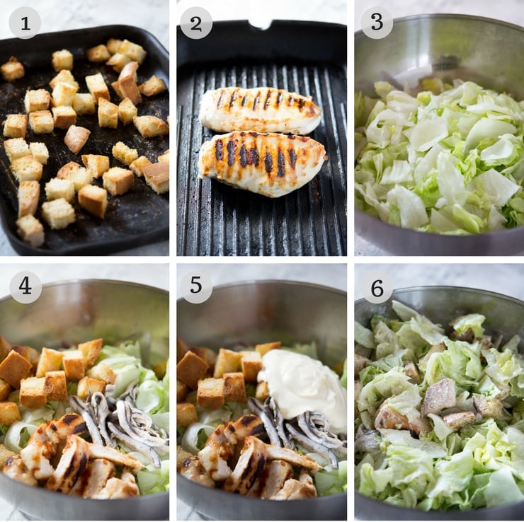 Step by step photos for how to make a grilled chicken caesar salad