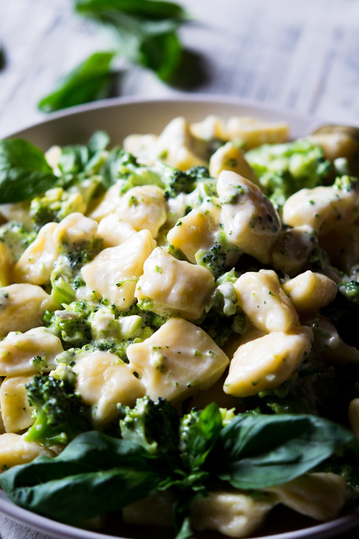 A close up shot of ricotta gnocchi with a broccoli cream sauce garnished with basil