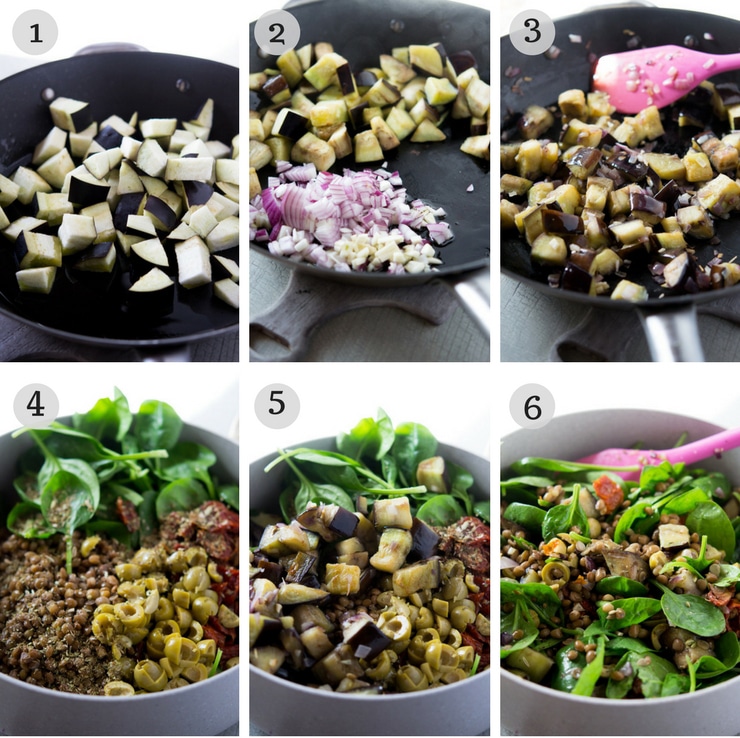 Step by step photos for making a lentil salad with eggplant and burrata cheese