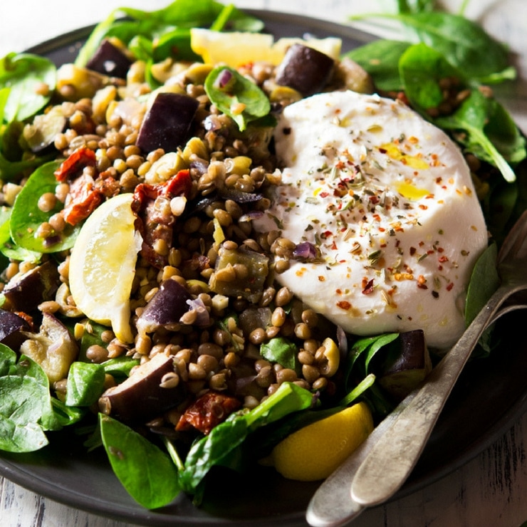 Loaded Lentil Salad With Eggplant And Burrata