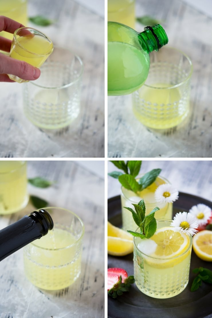 step by step photos for making a sparkling limoncello cocktail with prosecco