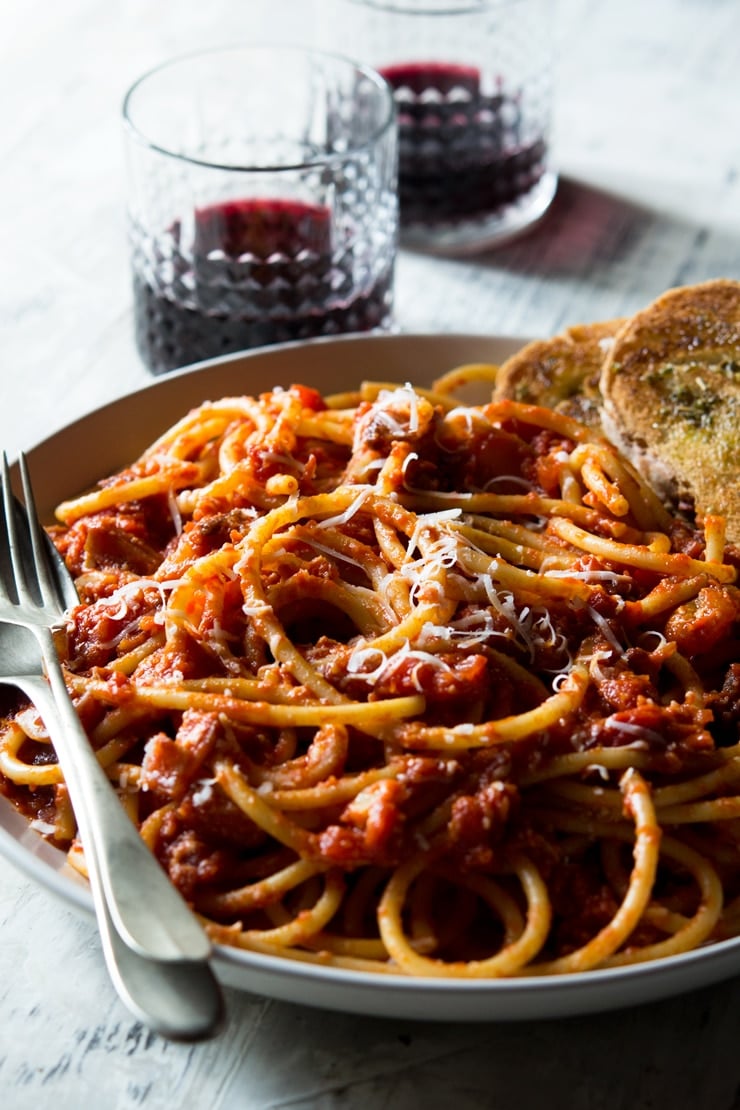 Pasta Amatriciana Bucatini, Tomato And Guanciale Inside The Rustic