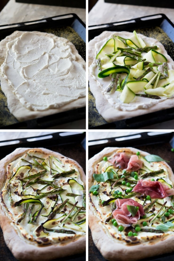 Step by step photos for how to make pizza with zucchini, prosciutto, asparagus and buffalo mozzarella