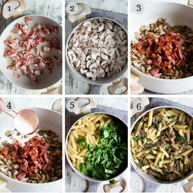 Step by step photos for making mushroom spinach pasta