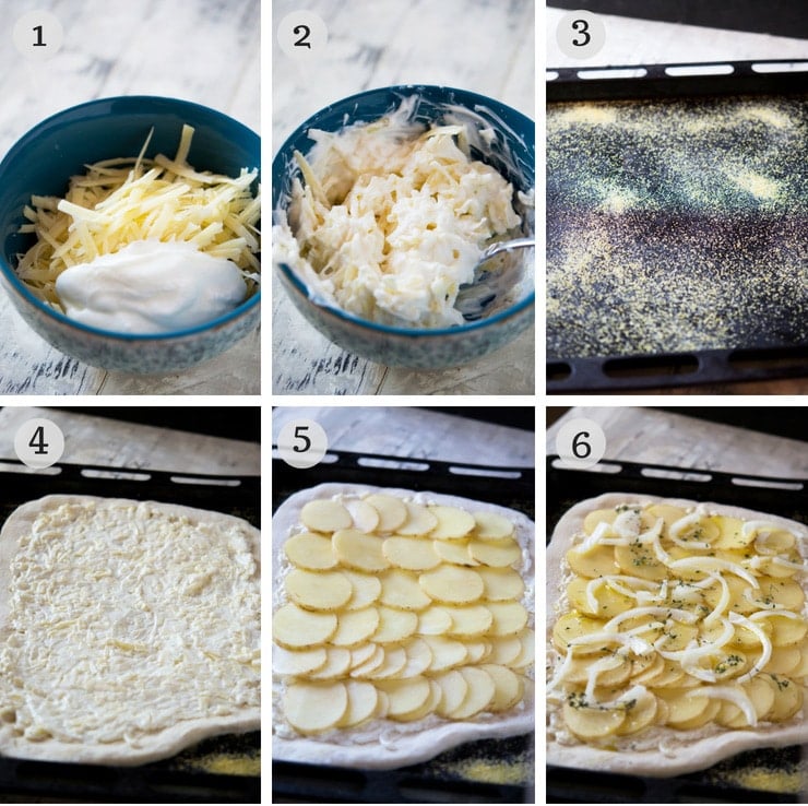 Step by step photos for how to make a cheesy potato pizza