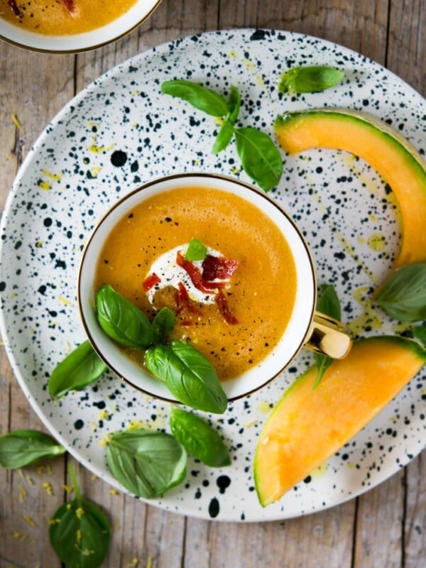 An overhead shot of melon gazpacho soup