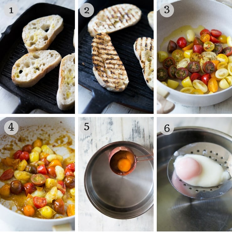 step by step photos for making tomato breakfast crostini with poached eggs