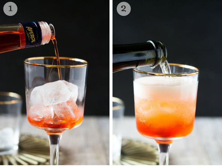 Process shots for making an Aperol spritz cocktail