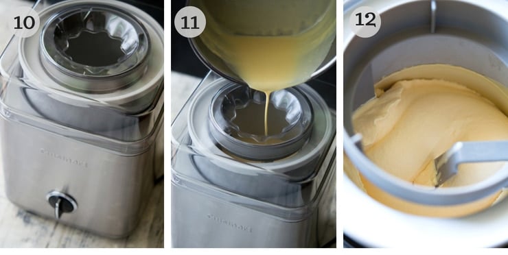 Step by step photos showing how to pour ice cream into an ice cream machine