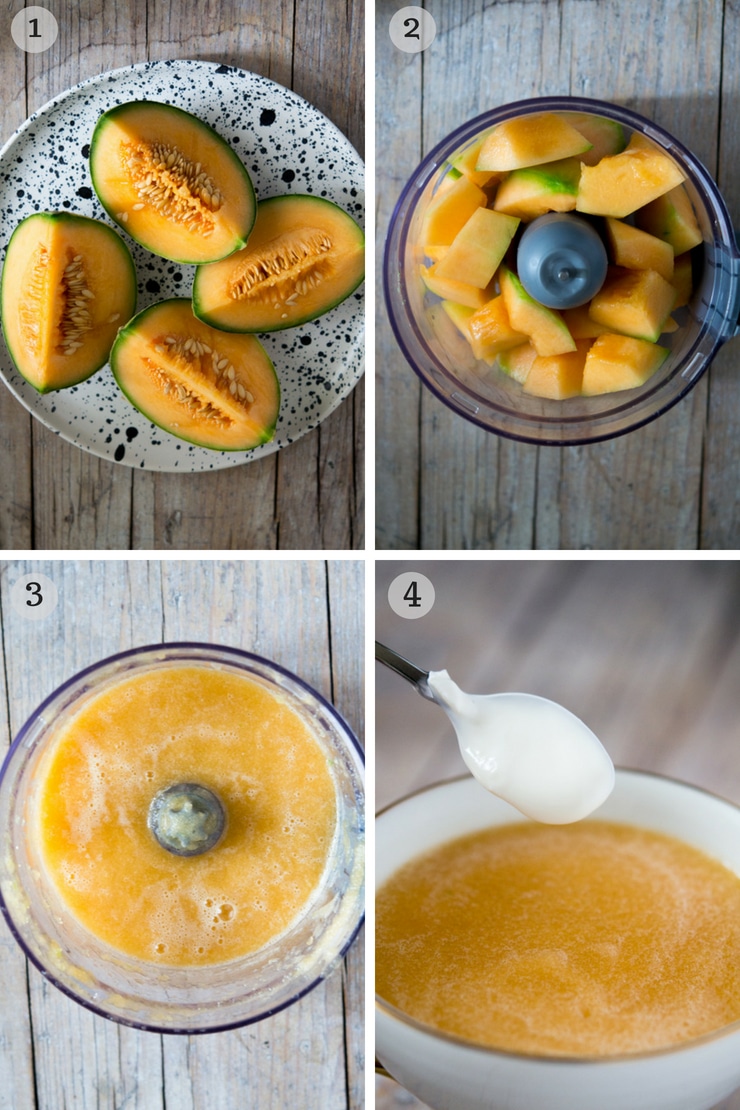 Step by step photos for making melon gazpacho soup