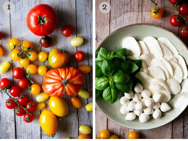 A collage image of different coloured tomatoes and slices of mozzarella for making a caprese salad