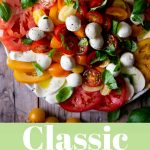 A collage image of a caprese salad
