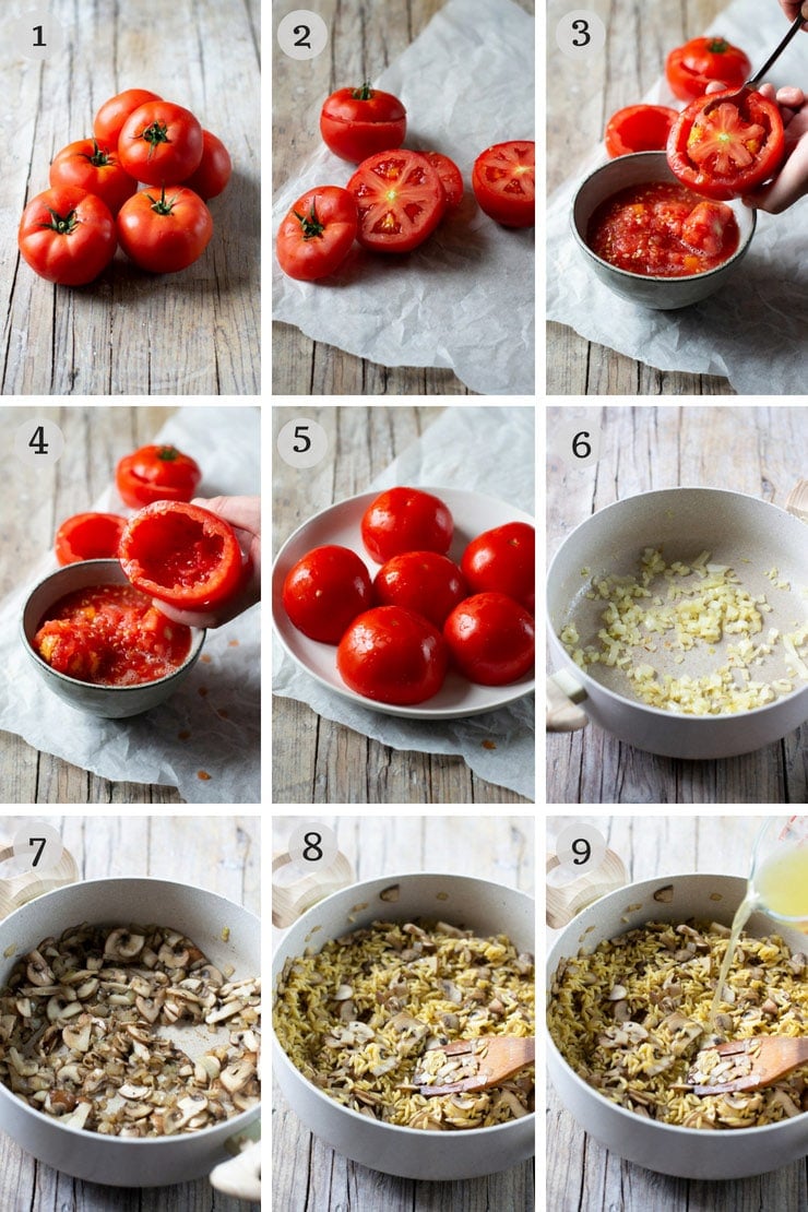 Step by step photos for making baked stuffed tomatoes with orzo pasta