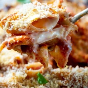 A close up of cheesy tomato baked pasta on a serving spoon.
