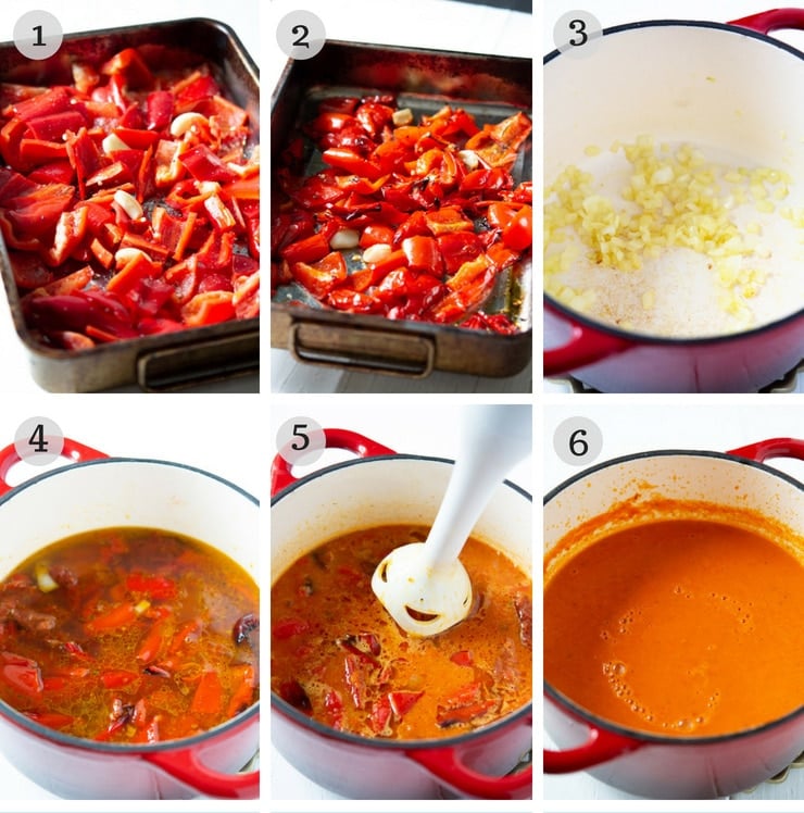 Step by step photos for making roasted red pepper soup