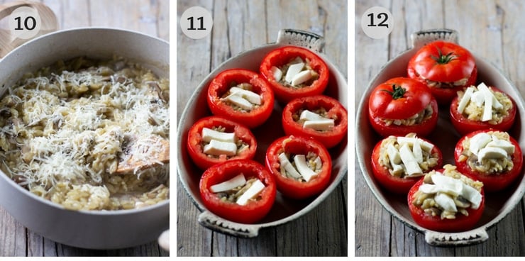 Step by step photos for filling stuffed tomatoes with orzo pasta