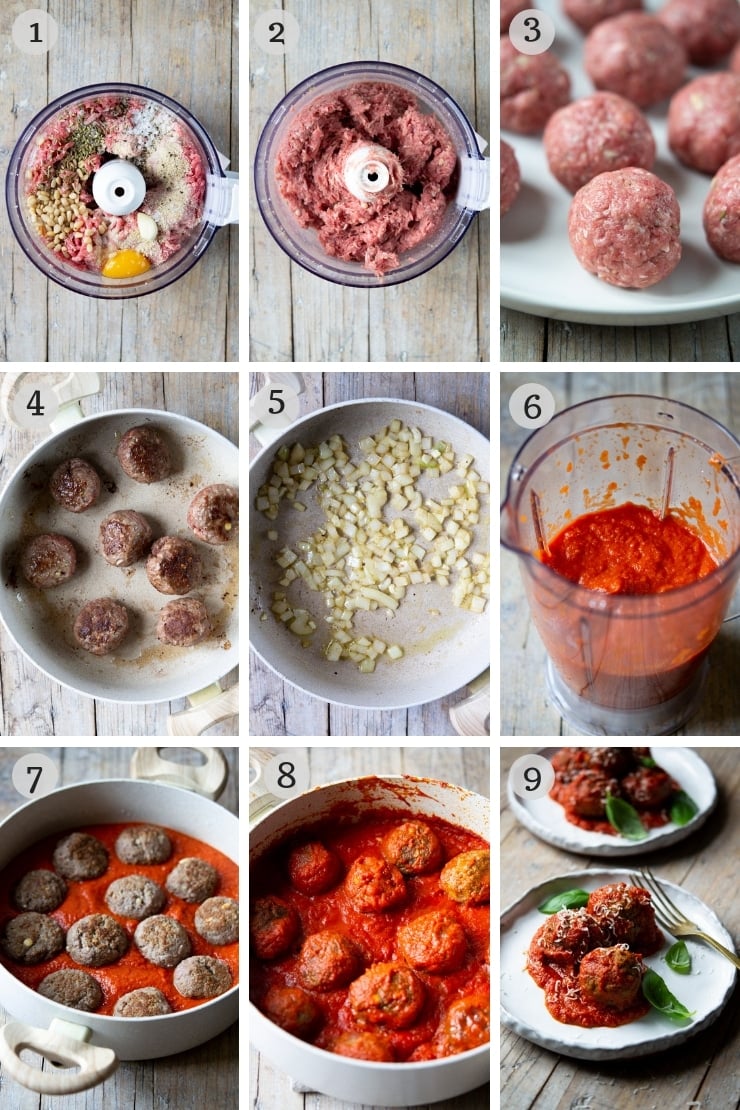 Step by step photos showing how to make Italian polpette meatballs from scratch with a tomato sauce