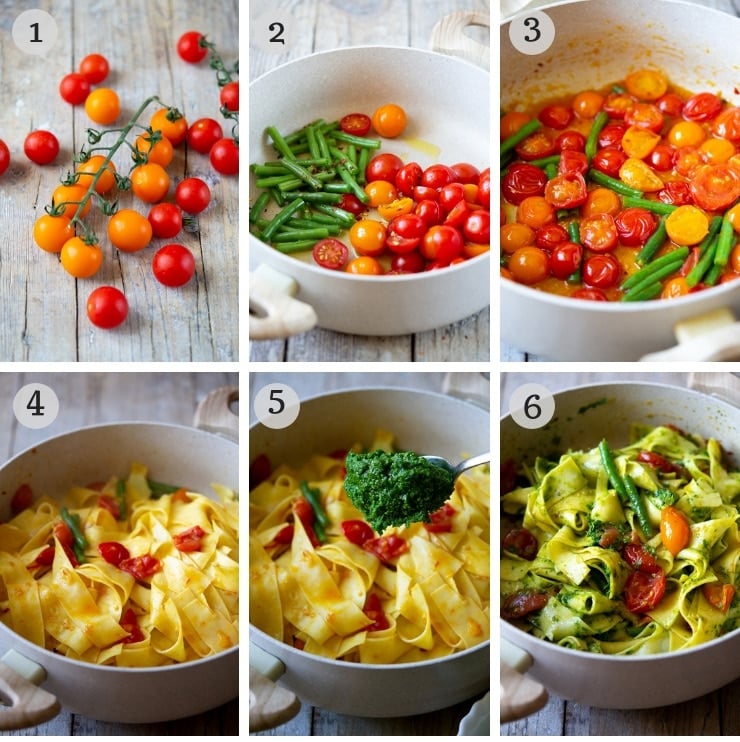 Step by step photos for making pesto pasta with green beans