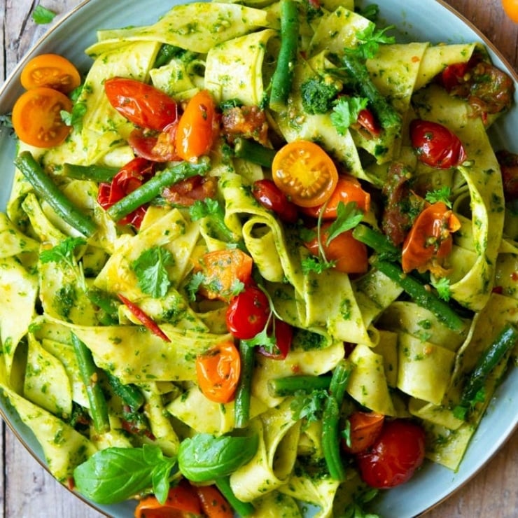 Pasta With Green Beans, Tomatoes & Pesto Inside The Rustic Kitchen