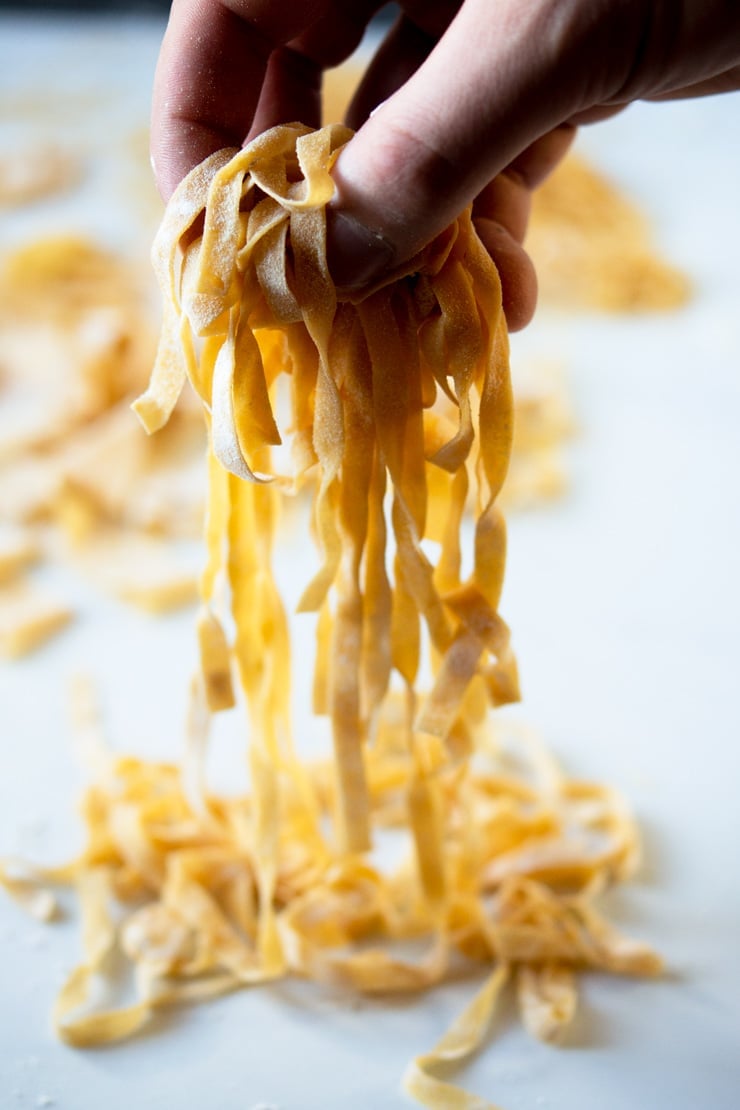 A hand holding tagliatelle made with homemade pasta dough