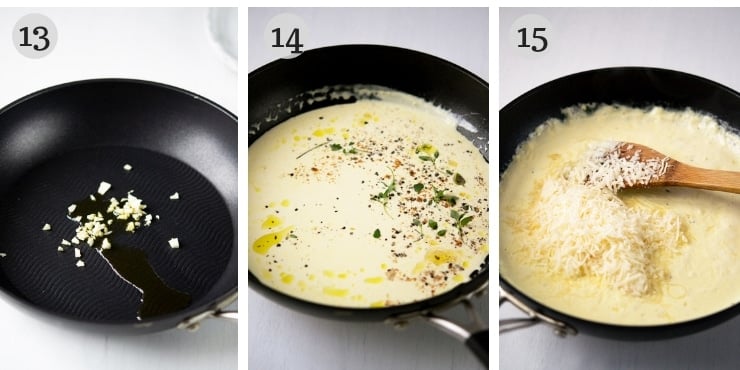 Step by step photos for making a parmesan cream sauce for mushroom ravioli