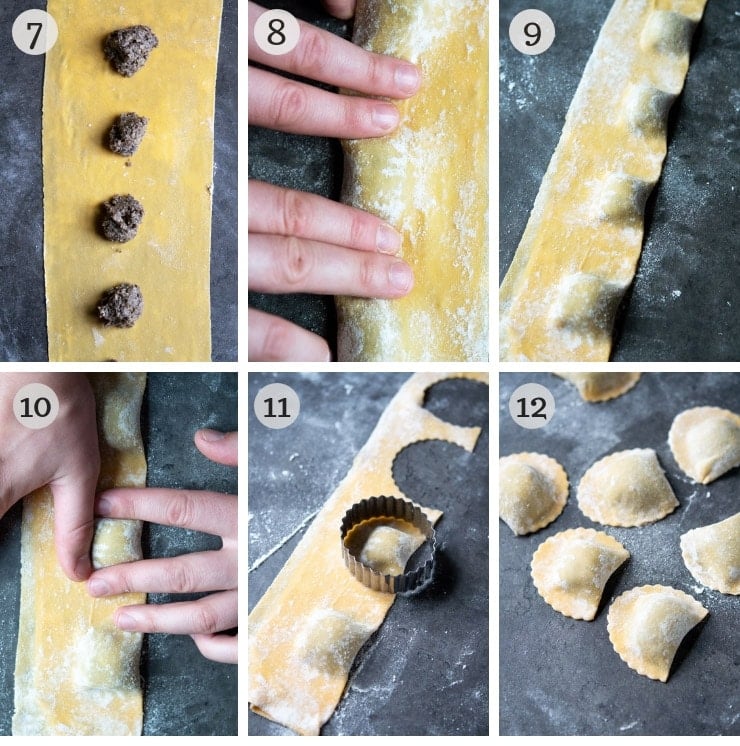 Step-by-step photos for making pasta mezzalune (half moons) stuffed pasta