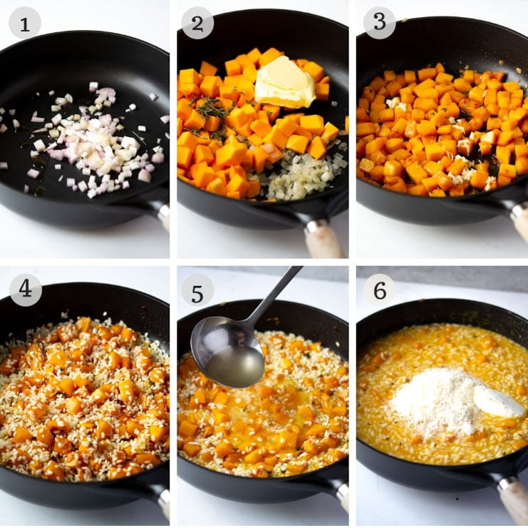 Step by step photos for making a butternut squash risotto