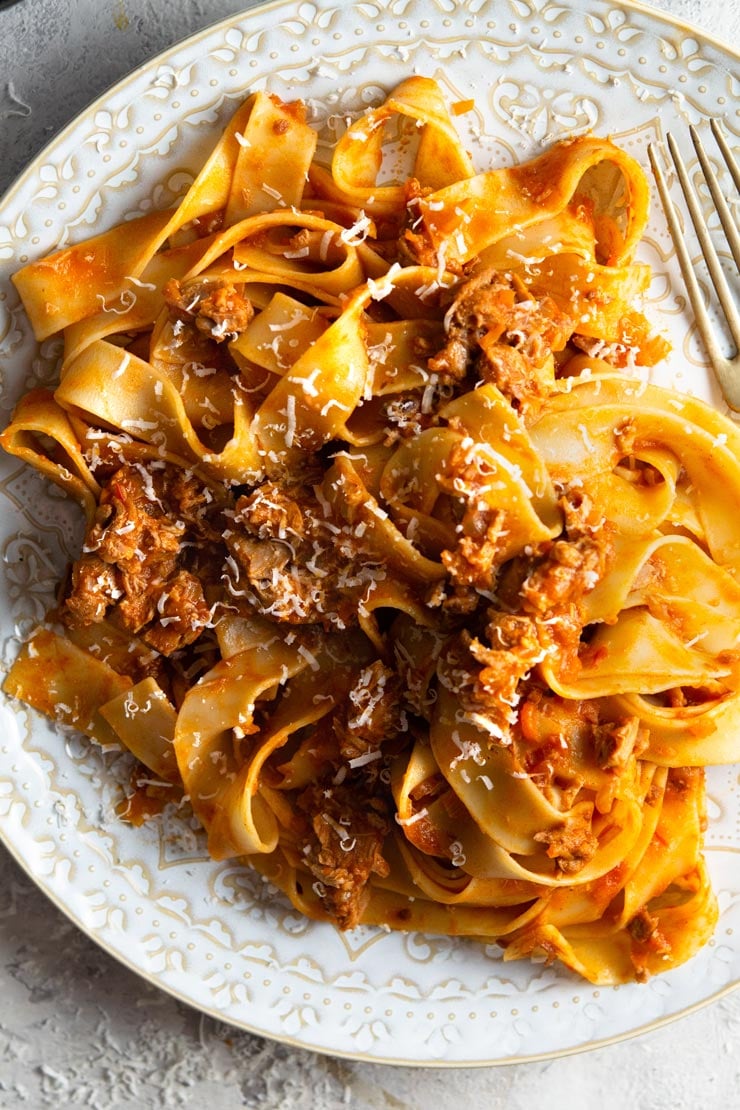 A close up of pappardelle pasta with duck ragu