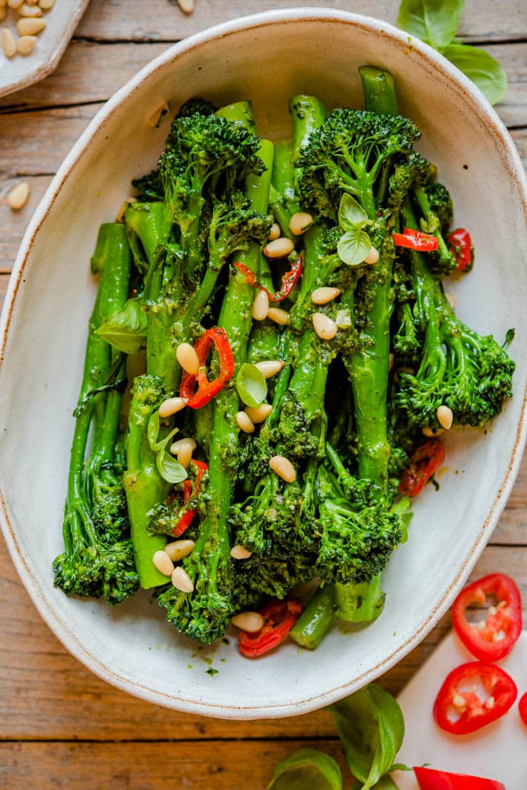 A close up of sauteed broccolini in a bowl