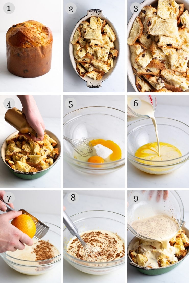 Step by step photos for making panettone bread pudding from scratch