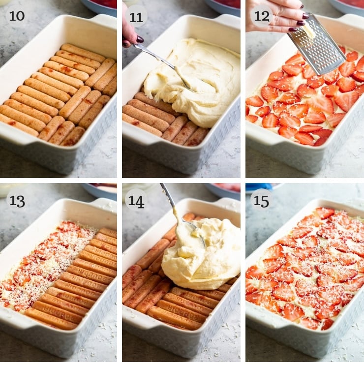 Step by step photos for layering a strawberry tiramisu